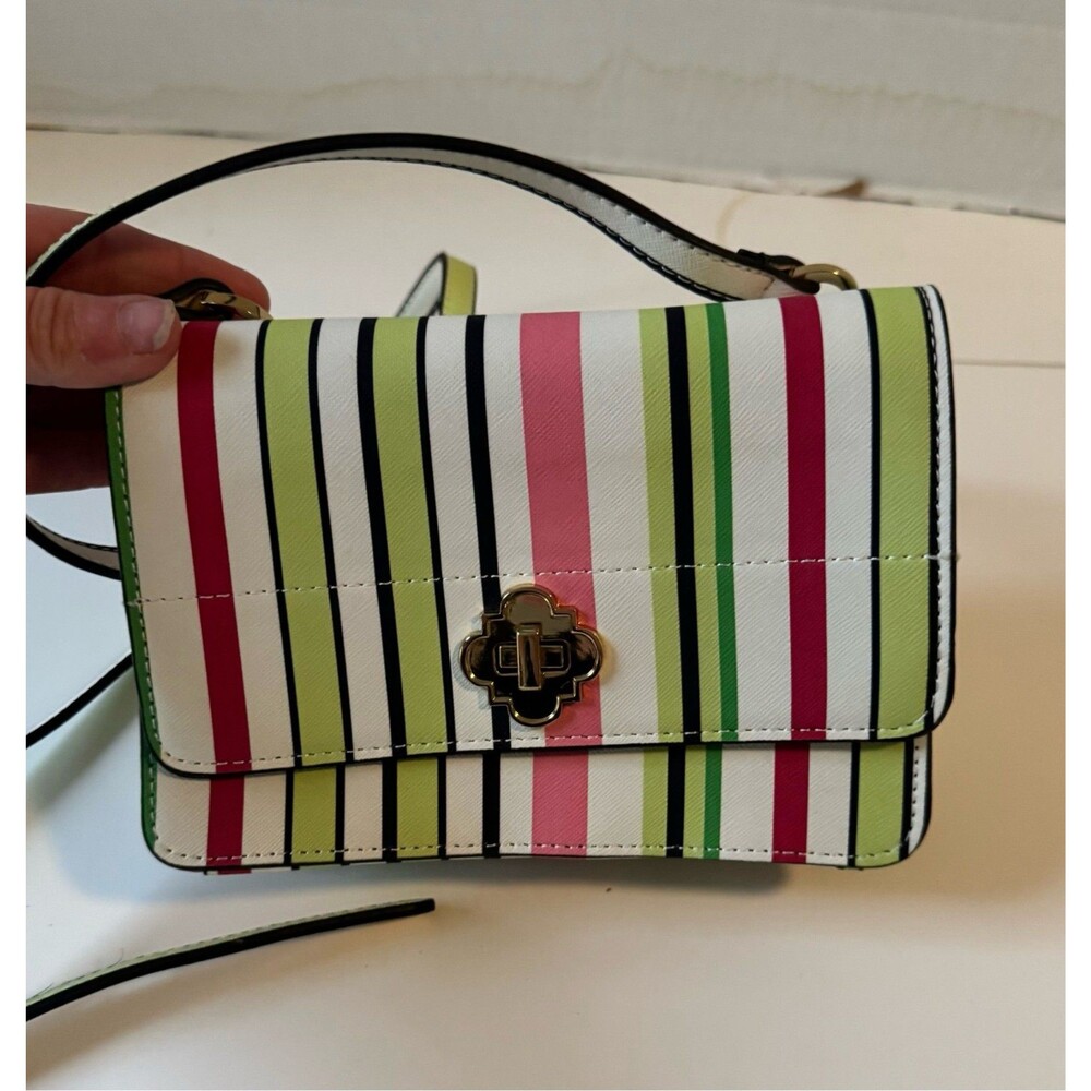 Pink & Green Striped Crossbody Bag Turn Lock Crown & Ivy purse/ organizer